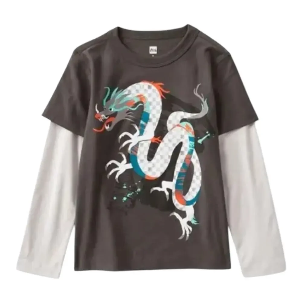 New Tea Collection Dragon Layered Graphic Long Sleeve Tee Boys Size 3 NWT